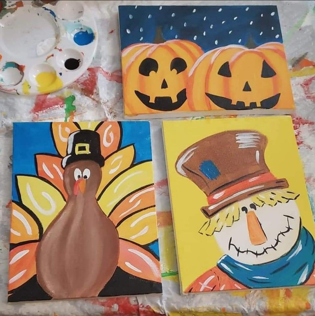Fall themed:Scarecrow, Pumpkins, & Turkey Take & Paint Kit
